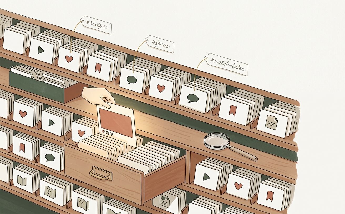 A wooden card catalog vault holding neatly filed social media posts, each labelled with hand-lettered tags like #recipes and #watch-later — a warm hand is lifting one card out under a soft light.